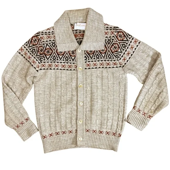 Vintage 80s Fair Isle Button Down Knit Sweater M Nordic Retro Cozy Grandpa - Picture 1 of 6